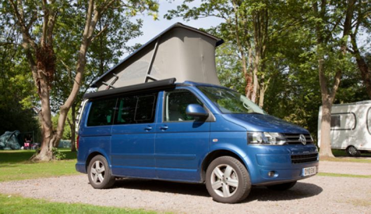 Front three-quarter view of Volkswagen California with roof raised