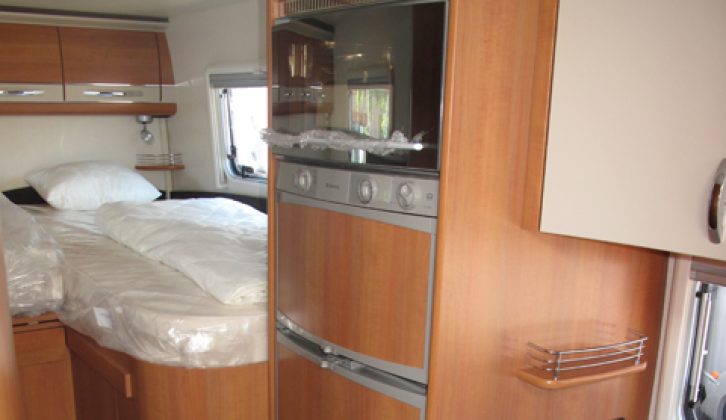 2011 Hobby Toskana Exclusiv D690 GELC - interior looking aft, with tower fridge