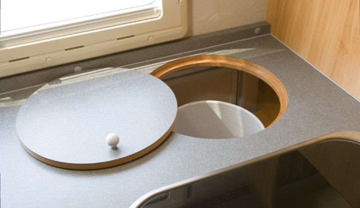 2006 Adria Coral 670SK – access to bin through kitchen worktop