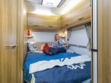 The Practical Motorhome review team liked the fixed double bed – it is 1.92m x 1.35m (6’4” x 4’5”) at its broadest point, tapering at the corner