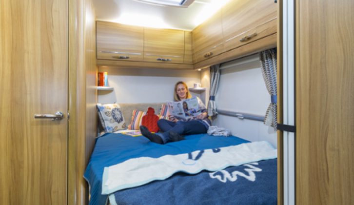 The Practical Motorhome review team liked the fixed double bed – it is 1.92m x 1.35m (6’4” x 4’5”) at its broadest point, tapering at the corner