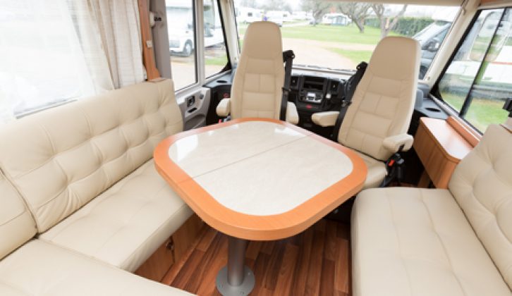There's a clever, movable table in this German built luxury motorhome