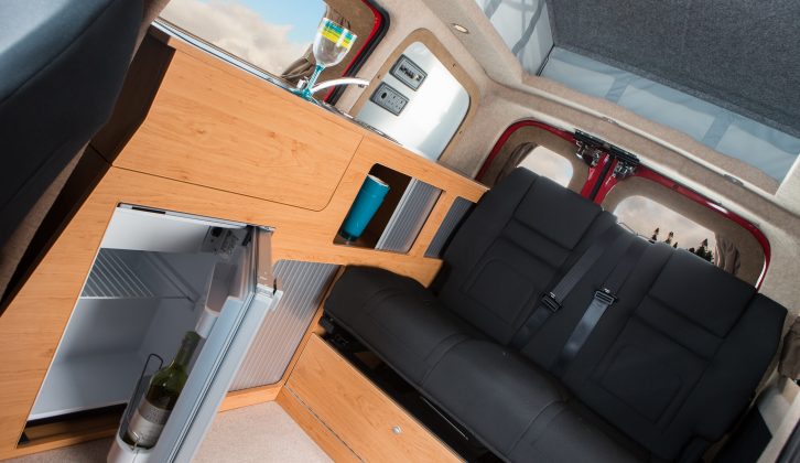 The electric campervan's kitchen has a 39-litre fridge and a two-ring hob