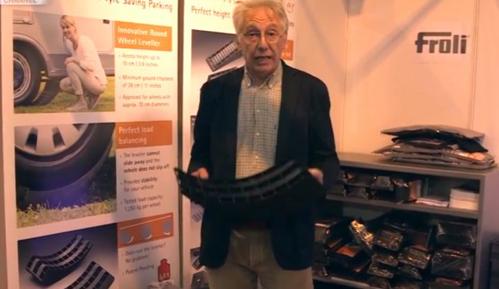 Andy Harris finds cool new motorhome accessories such as the Froli Wheel Leveller on The Motorhome Channel's TV special from the NEC Birmingham