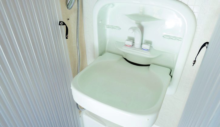 A space-saving drop-down sink makes the most of the 2014 Kemerton XL's rear washroom