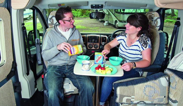 The Kemerton XL's cab seats swivel, and there's a choice of a full freestanding dining table or the single-leg occasional table shown