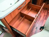 Below the hob in this Hymer is a large drawer – the drawers are all soft close, with positive security catches