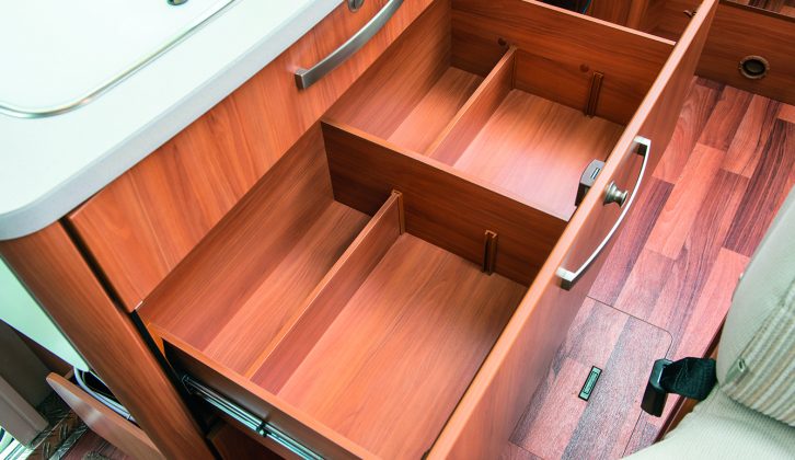 Below the hob in this Hymer is a large drawer – the drawers are all soft close, with positive security catches