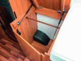 The Hymer Exsis-i 578 has an underbed wardrobe – you can access the hanging space from above as well as from the side thanks to a folding mattress and hinged wardrobe lid