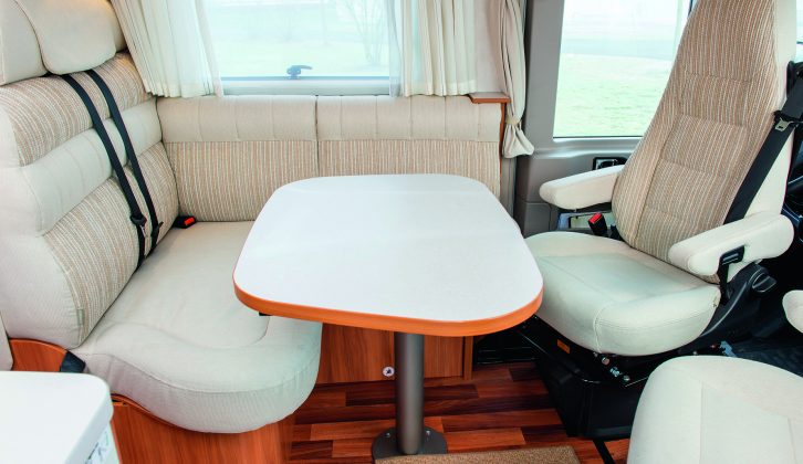 Up to five people can dine at this table – read more in the Practical Motorhome Hymer Exsis-i 578 review