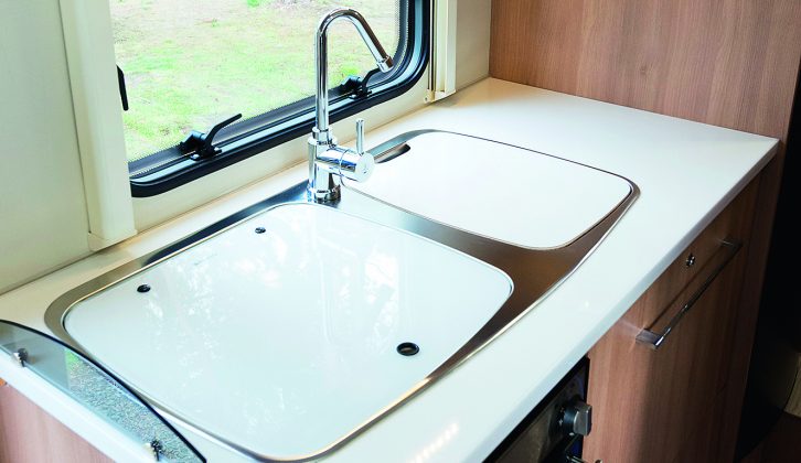 Practical Motorhome's Roller Team Zefiro 690G review reveals a rectangular sink to the right of the cooker with a tall, swan-neck tap, meaning filling kettles will be no trouble