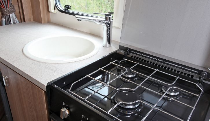 The nearside kitchen in the Swift Escape 696 has a combined oven and grill
