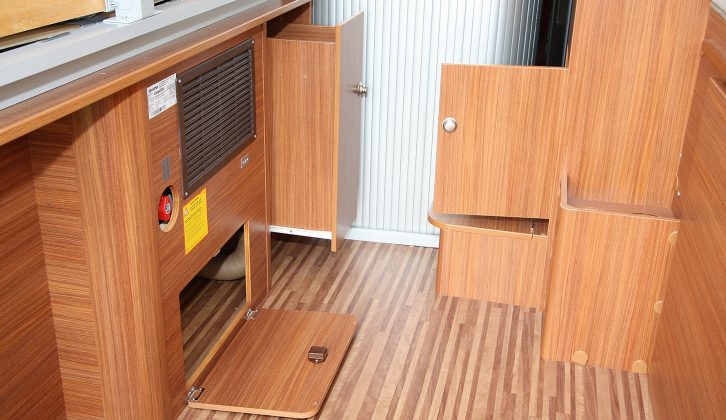 Parking the hinged bed base and the lion’s share of the mattress in the vertical position facilitates serious load lugging in the Adria Twin 640 SPX – read more in the Practical Motorhome review