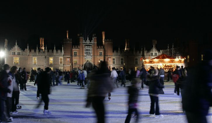 The ice rink at Hampton Court Palace is surrounded by food, drink and gift stalls