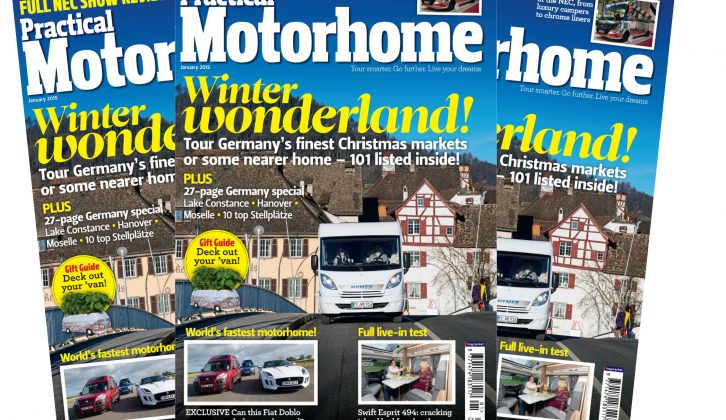 Enjoy our 27-page Germany special, Christmas markets to visit, Christmas gift guide, news of the world's fastest motorhome attempt, motorhome reviews and more in Practical Motorhome's January 2015 issue