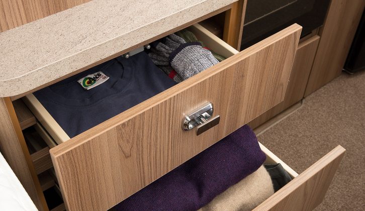 The bedroom has a wealth of storage options: four cupboards and three drawers, including these located next to the bed in the Swift Esprit 494