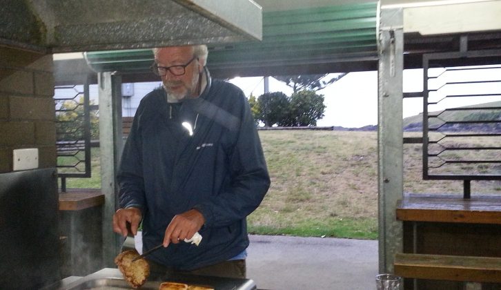 The camp kitchen at Easts Beach Holiday Park was rather handy, as Bob rustles up yet more delicious food!