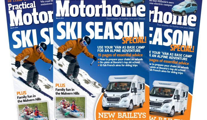 It's a ski season special in the March 2015 issue of Practical Motorhome as we prepare the 'van for winter, find 10 fab French aires for skiing, try a ski school in Bavaria and more