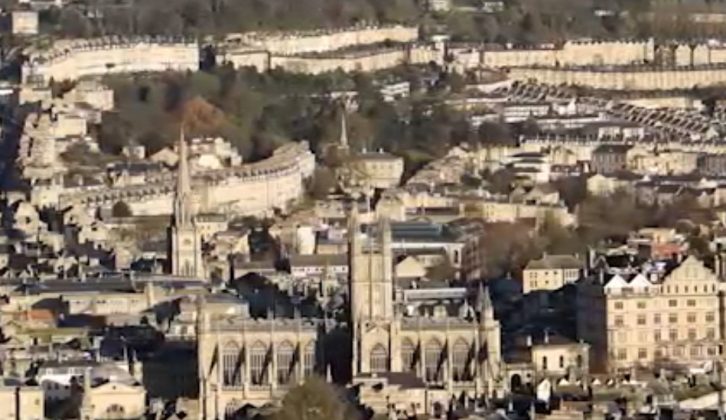This aerial view of Bath, from our TV show on The Motorhome Channel, shows the tasteful spa town's beautiful buildings, which are built of the creamy golden Bath stone, hollowed from the surrounding hills