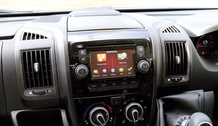 The Roller Team T-Line 590 cab's uprated Fiat Ducato radio has built-in TomTom sat-nav, plus USB and Bluetooth-enabled connectivity