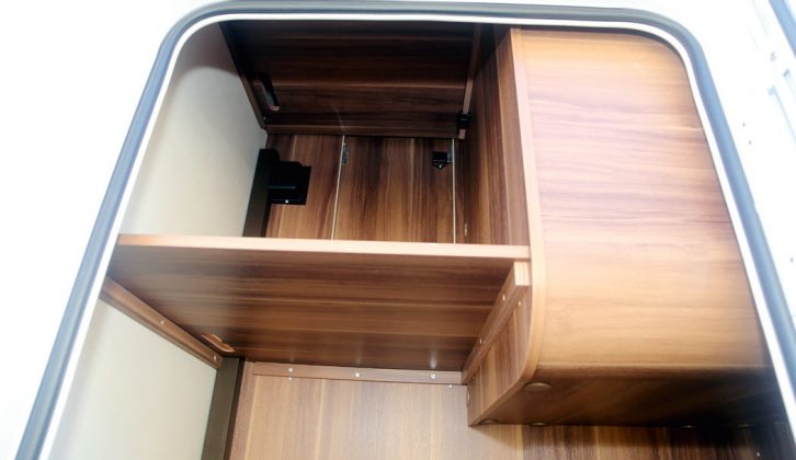 The shelves inside the Roller Team T-Line 590 motorhome garage can be arrange in almost any way you wish