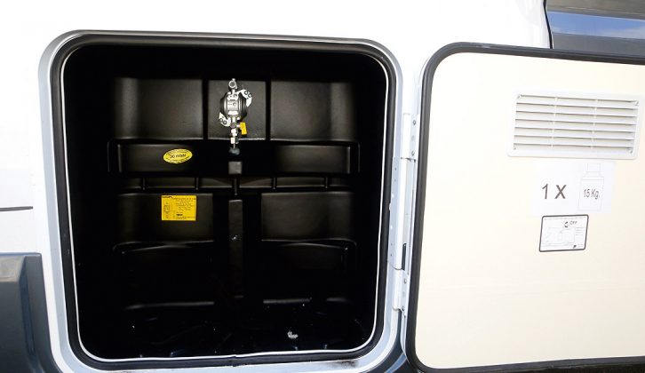 The spaciious gas locker is located on the UK offside, just behind the driver. It's mounted low to the floor, so access will be a cinch