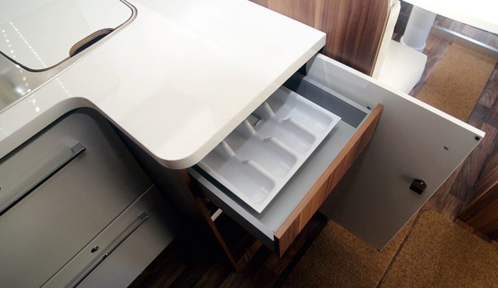 A cutlery drawer under the short leg of the L-shaped gallery is one example of Roller Team's diligence in creating storage options in the T-Line 590 compact motorhome