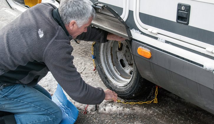 Fit snowchains to your motorhome tyres – this can be tricky in the dark or with cold fingers, so make sure you practise fitting snowchains before your ski holidays