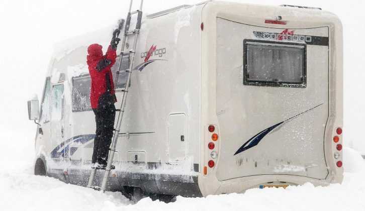 Clear the snow off your motorhome during ski holidays to make sure that the air vents and solar panels are clear, and prevent accidents caused by frozen ice blocks falling off your motorhome when you are driving