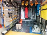 In our Cathargo motorhome's heated garage we use a tray for our ski boots, to collect the melted ice, and fix the skis to the gutter supports during our ski holidays