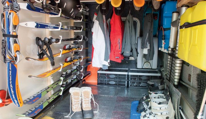 In our Cathargo motorhome's heated garage we use a tray for our ski boots, to collect the melted ice, and fix the skis to the gutter supports during our ski holidays