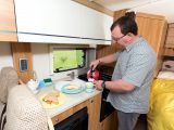 There isn’t masses of worktop in the Lifestyle 664 dealer special from Marquis, but the sink and cooker lids 
can be lowered to increase preparation space. A pair 
of plug sockets is provided