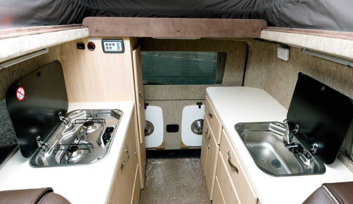 There is a generous kitchen specification, including two gas burners, a not inconsiderable sink, plenty of work surface and even a grill in the Wave, made by Auto-Sleepers