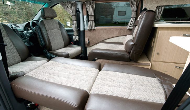 The rear travel seats convert easily into two single beds, butting up against the bases of the rotated front seats in the Wave campervan from Auto-Sleepers – the nearside bed measures 1.89m x 0.6m (6'2" x 2') and the offside bed is 1.78m x 0.6m (5'10" x 2')