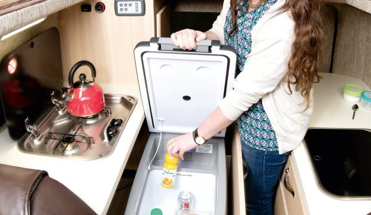 There’s no need to worry about the milk going off, as a portable electric cooler box sits in a lockable drawer under the cooker in the Wave campervan