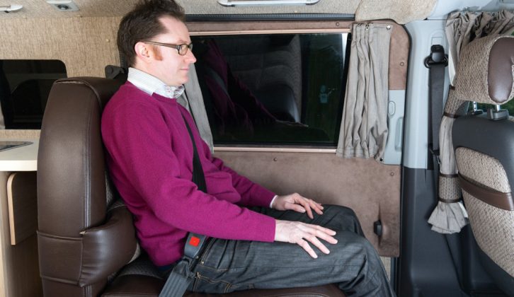 The travel seats have reflex foam for maximum comfort and a handy adjustable lumbar cushion. Both are fitted with three-point seatbelts so four can travel in safety in the Auto-Sleeper Wave camper