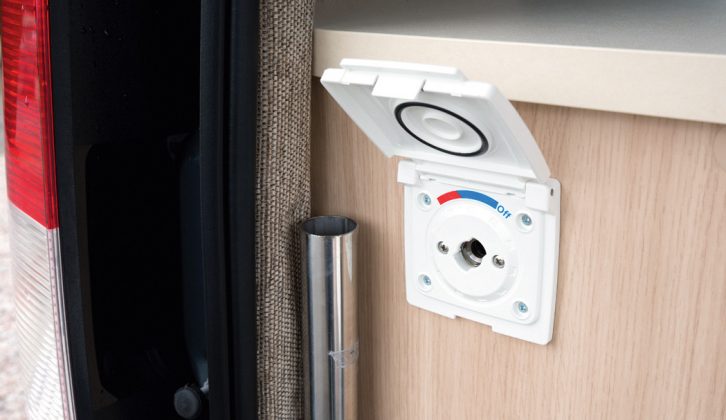 This water connection point at the rear facilitates the use of a hose outside the ’van – ideal for cleaning muddy boots or pets before they get inside the Wave campervan from Auto-Sleepers