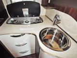 The L-shaped galley enhances the available space – UK models will get an oven under the hob in place of the drawers shown here
