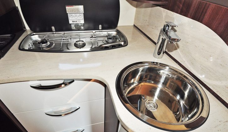 The L-shaped galley enhances the available space – UK models will get an oven under the hob in place of the drawers shown here