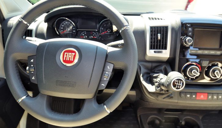 The uprated dashboard comes with chrome-ringed instruments, Fiat’s chunky leather steering wheel and an upgraded stereo