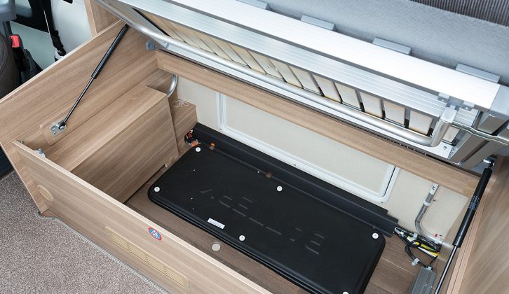There’s plenty of room for storage beneath the offside lounge-seat bench. You can load it from the top, or from outside the Bessacarr 562 motorhome