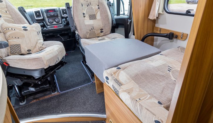 To make up the front single bed, you pull out an extension flap in the sofa base and bridge the gap between it and the driver’s seat with a cushion