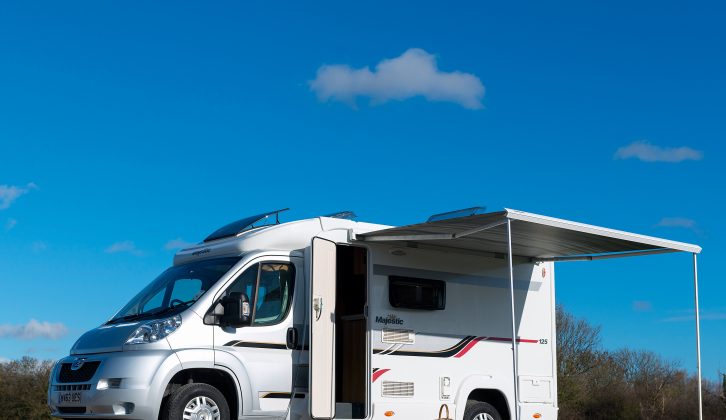 There's a roll-out awning included in the Marquis Majestic 125 and this compact coachbuilt motorhome features bonded habitation construction using adhesives rather than screw fixings. It has GRP-skin sidewalls and rear panel with polystyrene insulation, a GRP low-profile pod, GRP underfloor, ABS side skirts. 90-litre underslung fresh-water tank and 70-litre underslung waste-water tank