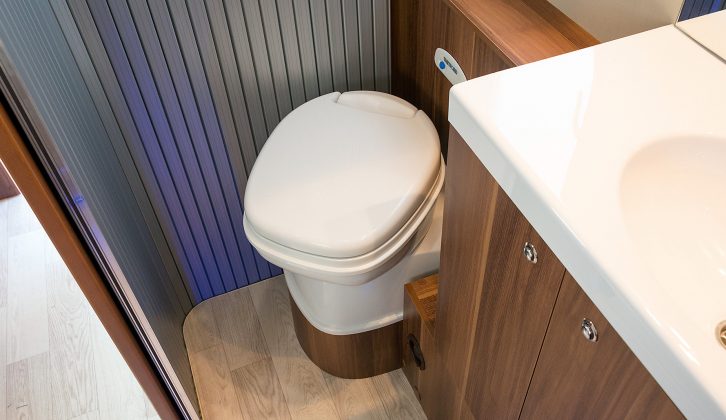 There’s room enough in the 740's compact washroom on the offside of the vehicle – it has decent storage and a swivel cassette toilet offers enough legroom