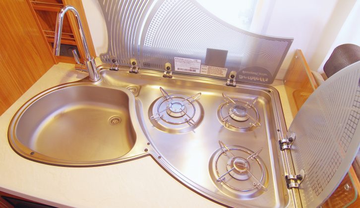 The motorhome hob and sink comprise an all-in-one, glass-topped unit, which should minimise problems of spillage from saucepans