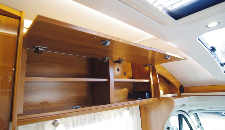 The roof lockers are shelved to make managing the storage space simpler. Cabinetwork throughout the Esprit motorhome is high quality