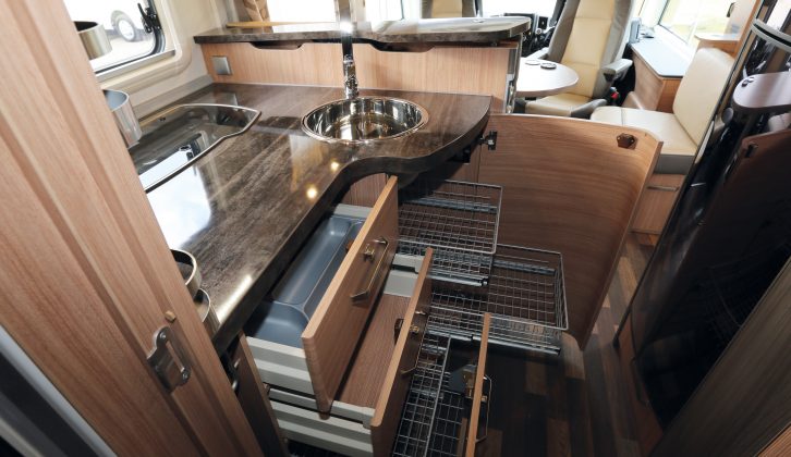 You won’t be stuck for somewhere  to store pans and crockery – there are wire racks and a trio of drawers in the kitchen of the Sky I 700 LEG