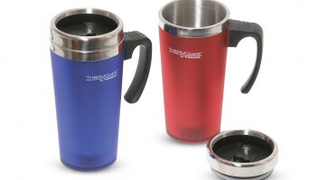If you just want a basic travel mug, you may well consider a Thermos Thermocafe Twin Set – it looks good, but read our review to find out why looks can be deceptive