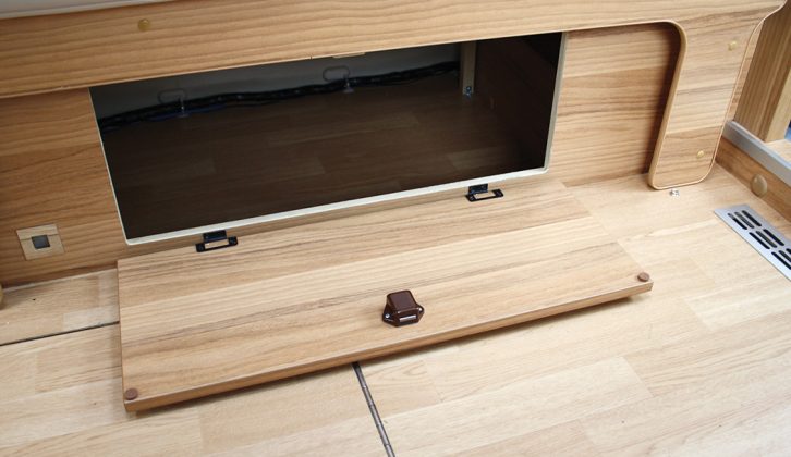The storage space beneath the front parallel sofas in the Bailey Approach Autograph 730 can be accessed from the front or the whole framework can be lifted instead