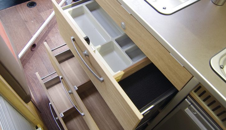 The trio of large drawers should give ample space for your cutlery, crockery and pans, and they feel superbly screwed together in the HymerCar Sierra Nevada for 2015